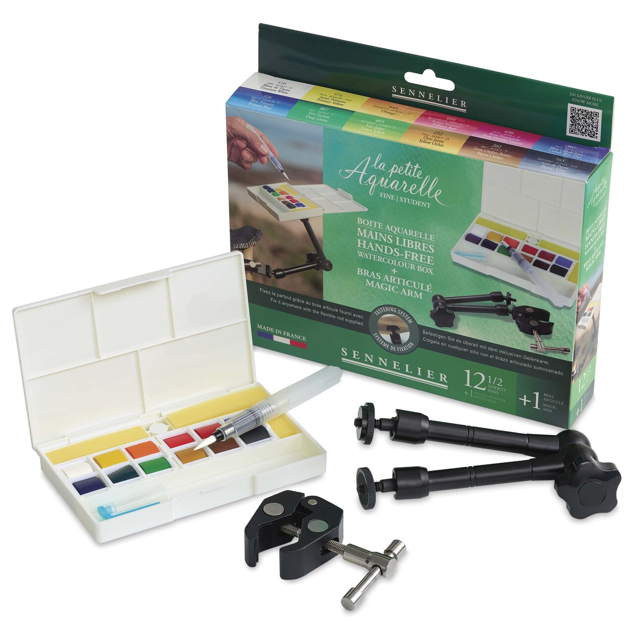 Sennelier La Petite Aquarelle Watercolor Half Pan Hands-Free Set - Set of 12 with Magic Arm, Assorted Colors